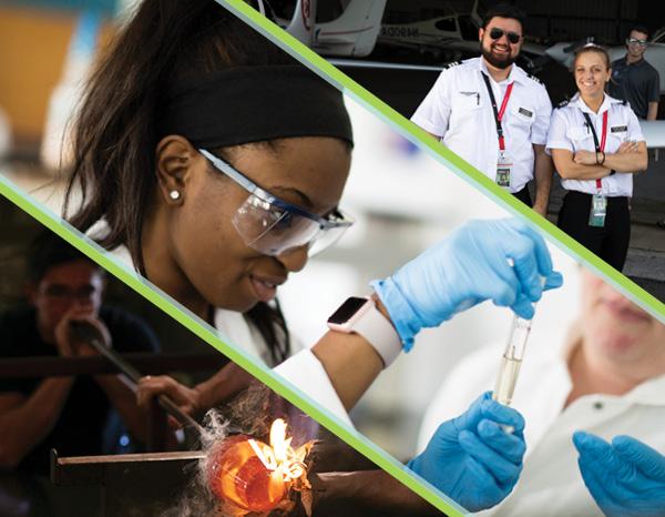 Top image of one male and one female aviation students; middle image of one female chemistry student; bottom image of one male glass blowing student. 